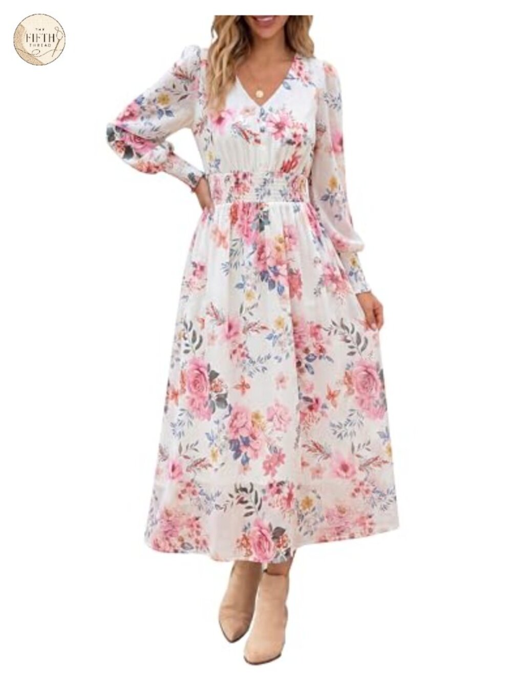 Floral Print Maxi Dress V-Neck Long Sleeve High Waist A-Line Wedding Guest